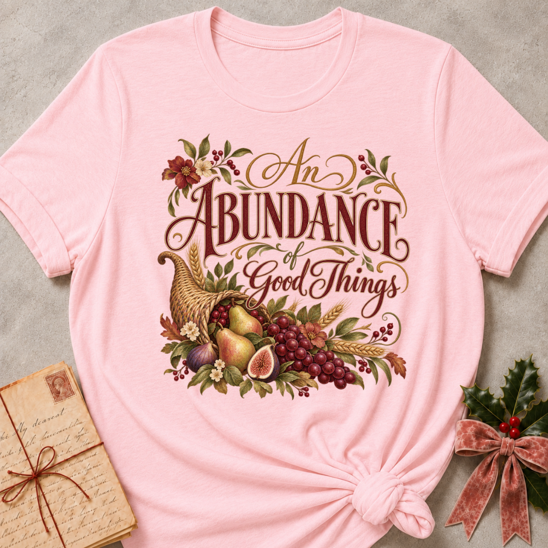 Pink relaxed fit tee with An Abundance of Good Things script and a woven cornucopia of pears, grapes, figs, wheat and autumn flowers