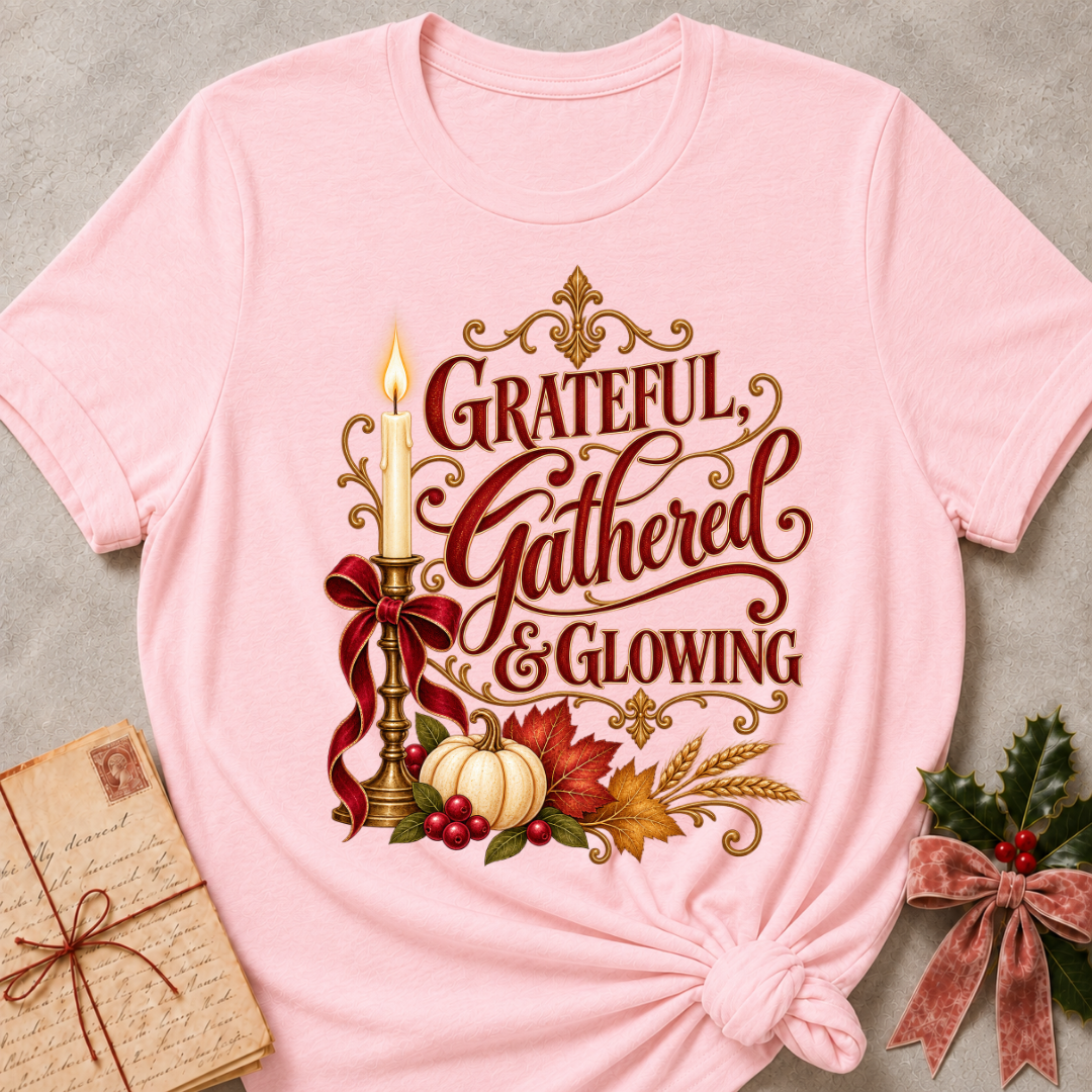 Pink Grateful, Gathered and Glowing tee with a candlelit bow, pumpkins and autumn leaves