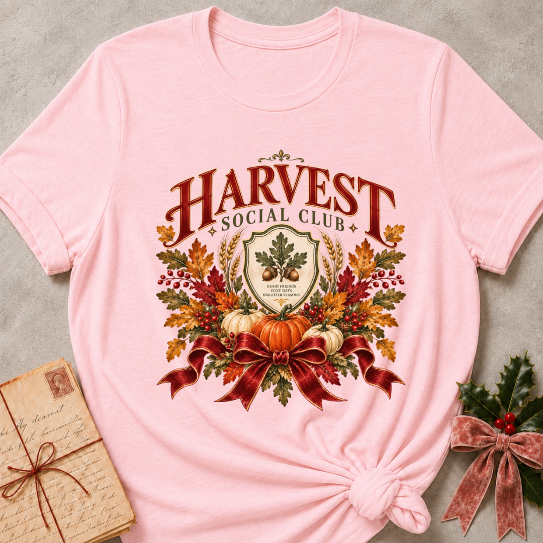 Pink women's relaxed tee with a vintage Harvest Social Club crest with an oak leaf shield, pumpkins, autumn leaves, and a plaid ribbon bow