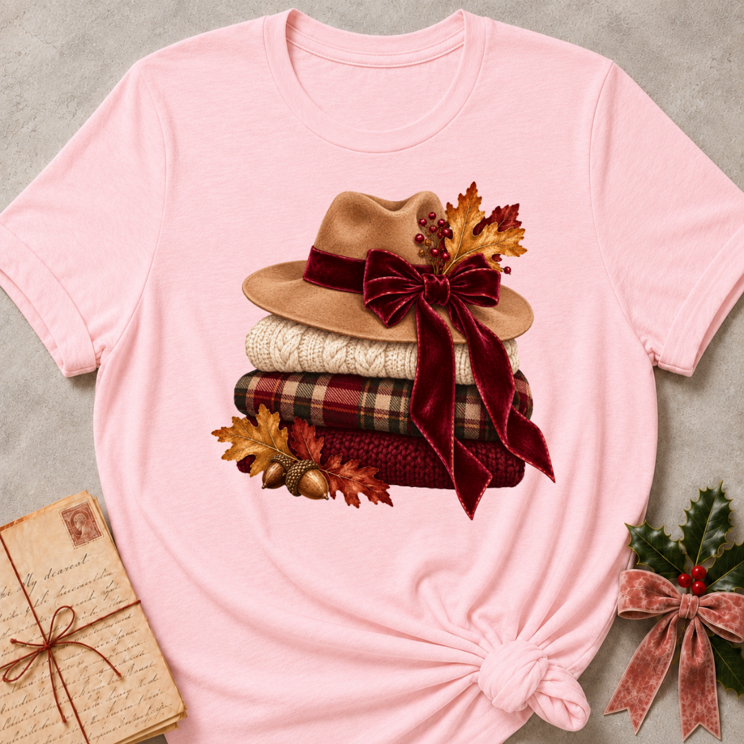 Pink relaxed fit tee with stacked knit sweaters, cozy hats and a plaid bow