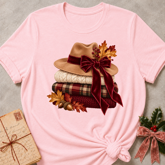 Pink relaxed fit tee with stacked knit sweaters, cozy hats and a plaid bow