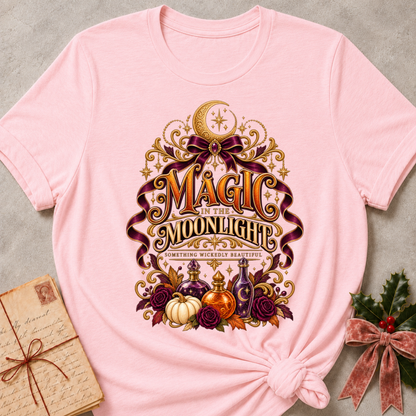 Pink Magic in the Moonlight tee with a crescent moon, velvet ribbon, potion bottles and deep plum roses