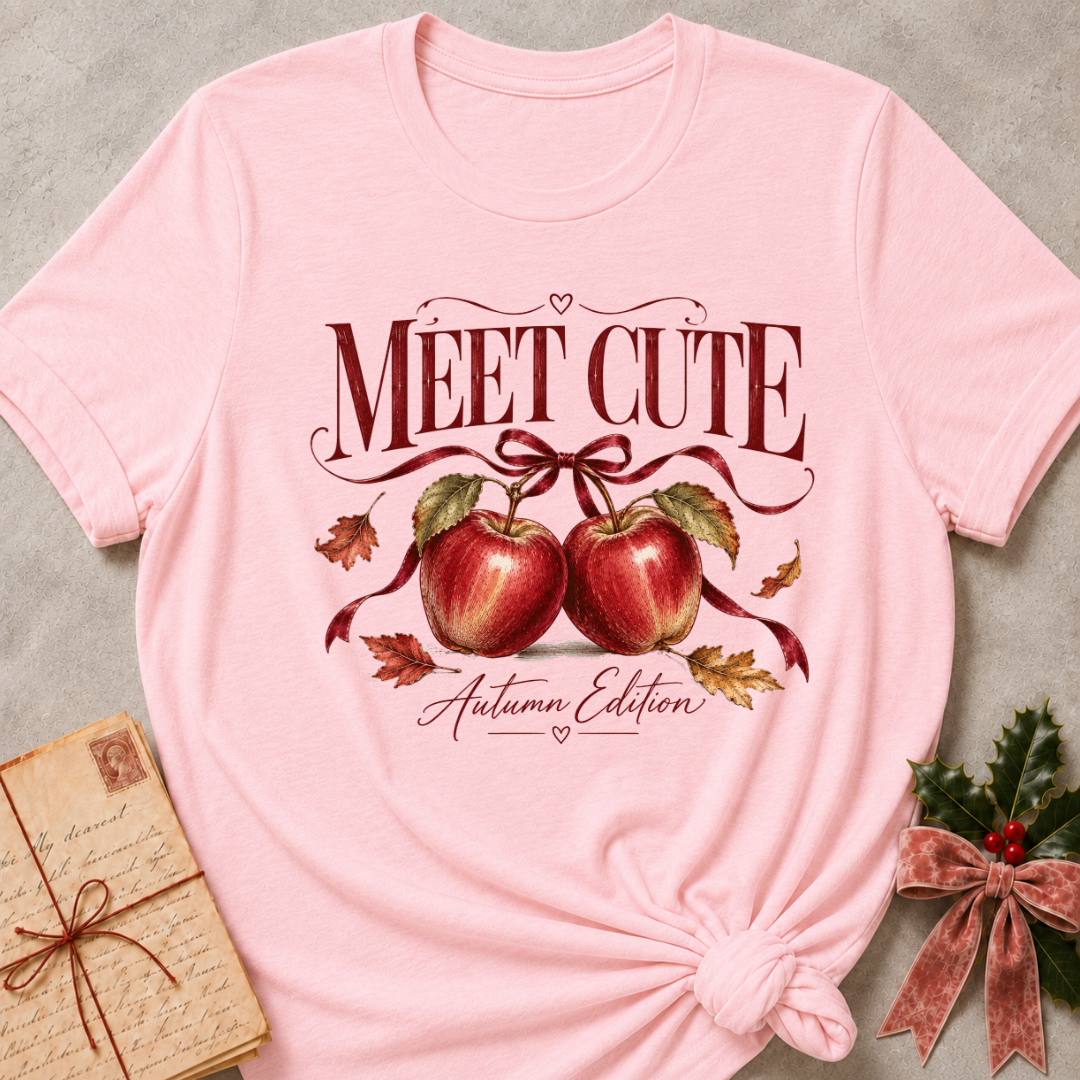 Pink relaxed fit tee with Meet Cute Autumn Edition lettering, two red apples and a burgundy bow