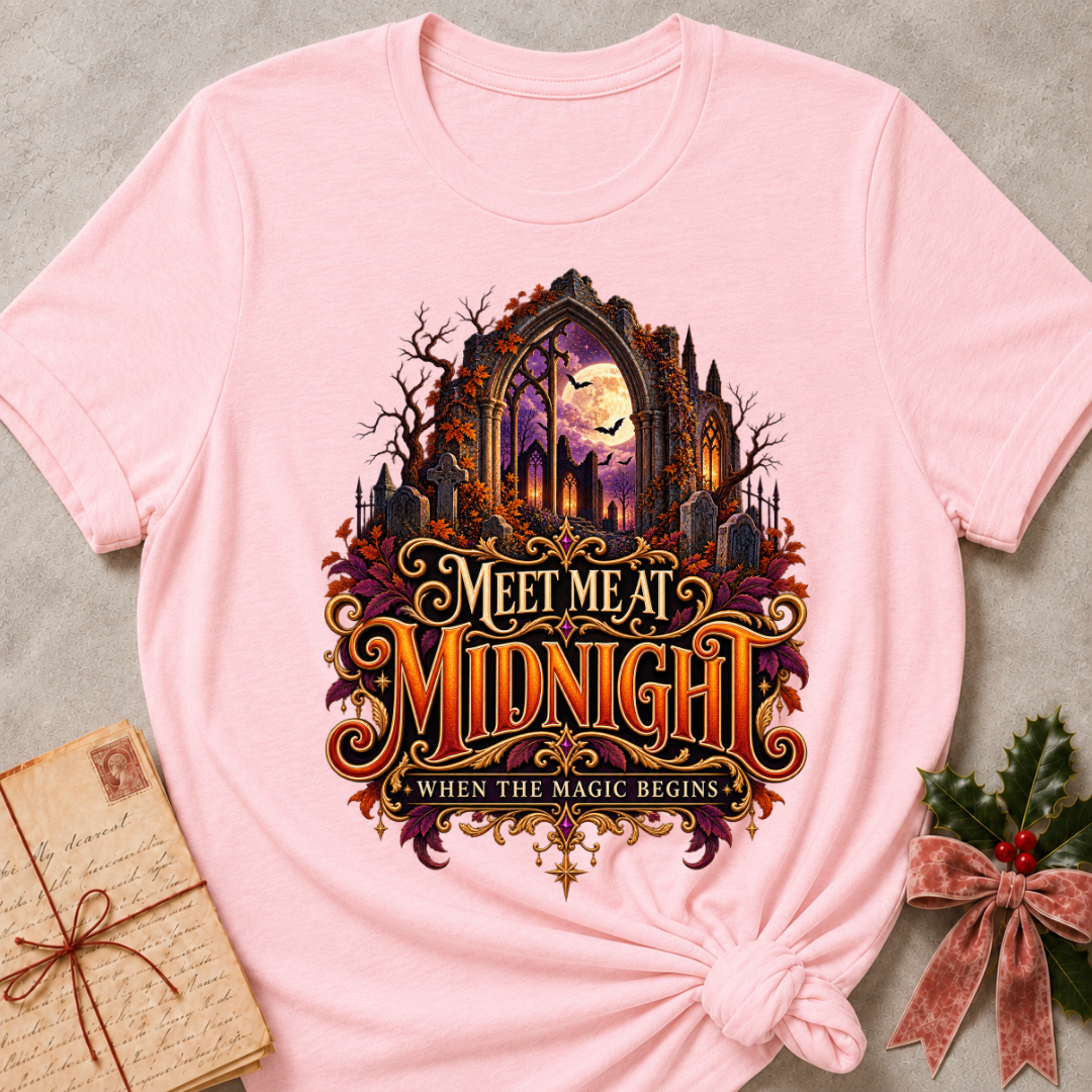 Pink Meet Me at Midnight tee with a moonlit Gothic arch, fluttering bats and jewel toned autumn leaves