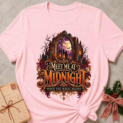 Pink Meet Me at Midnight tee with a moonlit Gothic arch, fluttering bats and jewel toned autumn leaves