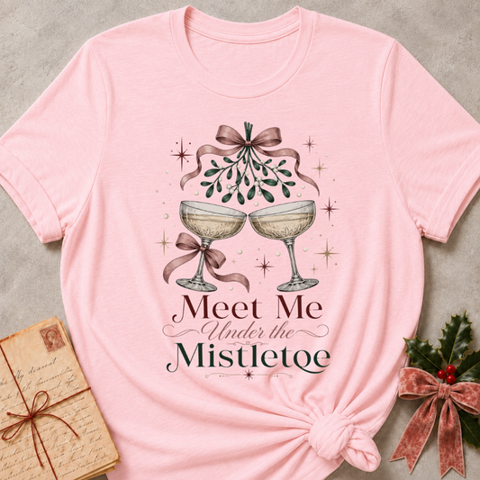 Pink relaxed fit tee with Meet Me Under the Mistletoe lettering, two champagne coupes, blush bows and a sprig of mistletoe