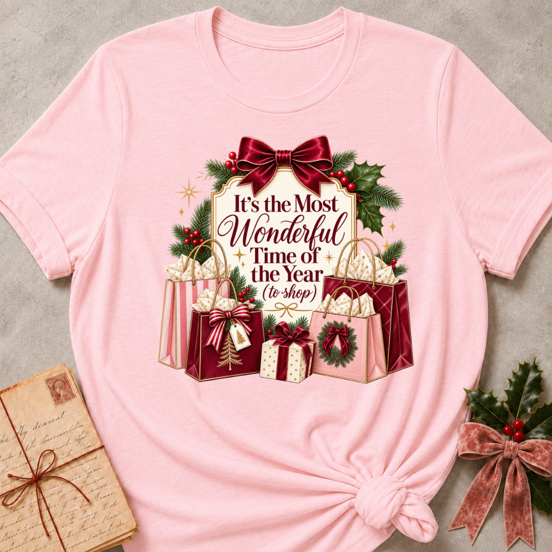 Pink relaxed fit tee with It's the Most Wonderful Time of the Year to Shop lettering, a burgundy velvet bow, holly and stacked gift bags