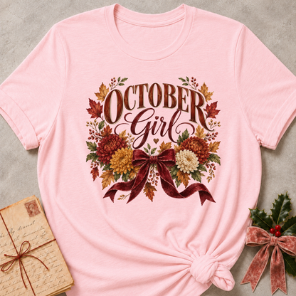 Pink women's relaxed tee with an October Girl script design with rust and gold mums, autumn leaves, and a burgundy velvet bow