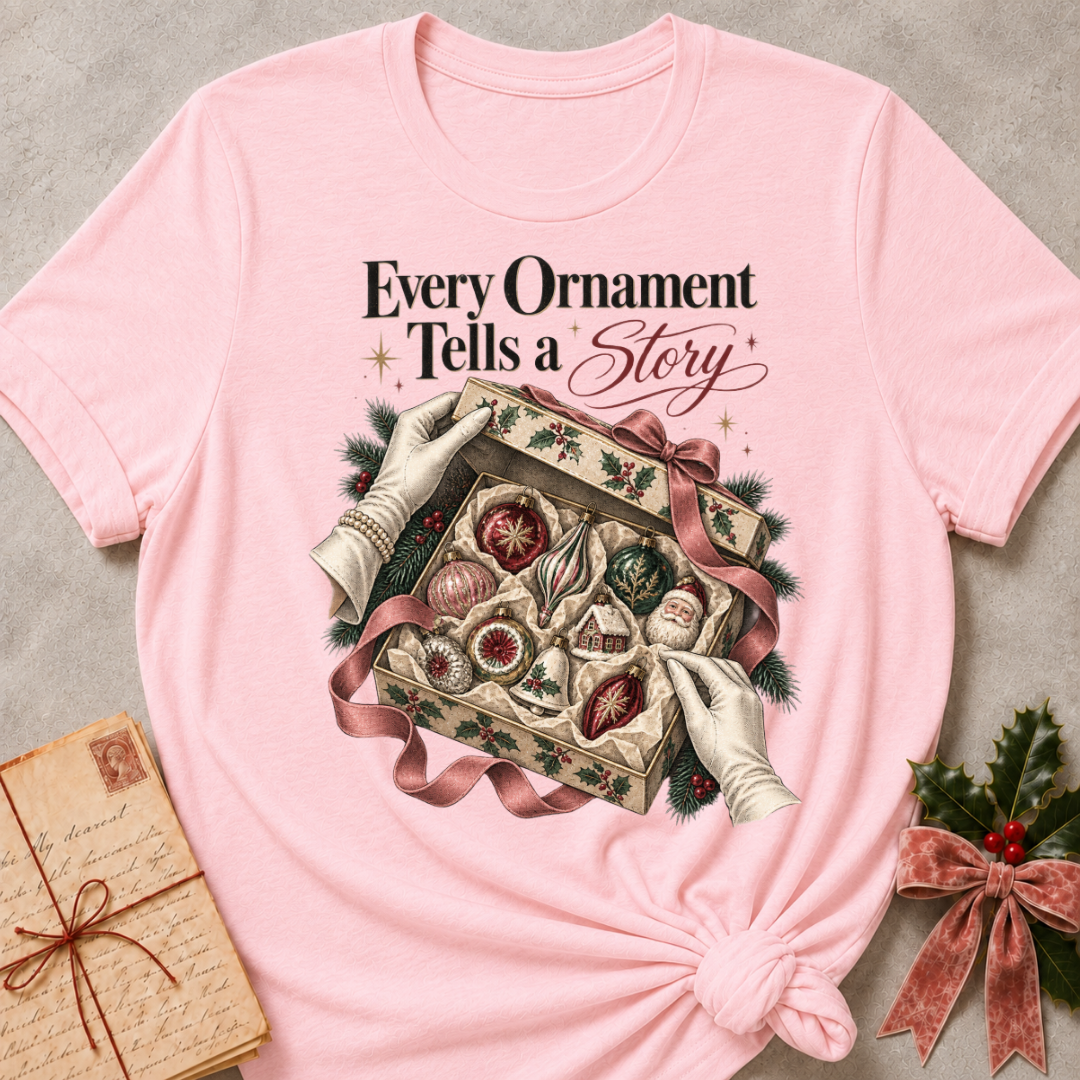 Pink relaxed fit tee with Every Ornament Tells a Story lettering, gloved hands lifting the lid on a keepsake box of vintage ornaments