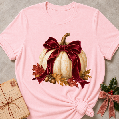 Pink women's relaxed tee with a cream pumpkin wrapped in an oversized burgundy velvet bow, acorns, and autumn leaves