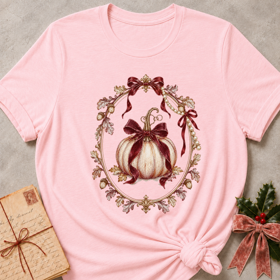 Pink women's relaxed tee with a cream heirloom pumpkin tied in burgundy bows inside an ornate gold mirror frame with pearls and oak leaves