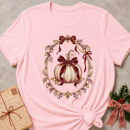 Pink women's relaxed tee with a cream heirloom pumpkin tied in burgundy bows inside an ornate gold mirror frame with pearls and oak leaves