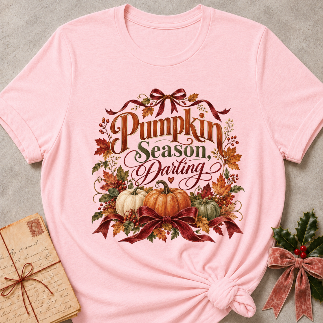 Pink women's relaxed tee with a Pumpkin Season, Darling script design with heirloom pumpkins, autumn leaves, and burgundy ribbon bows