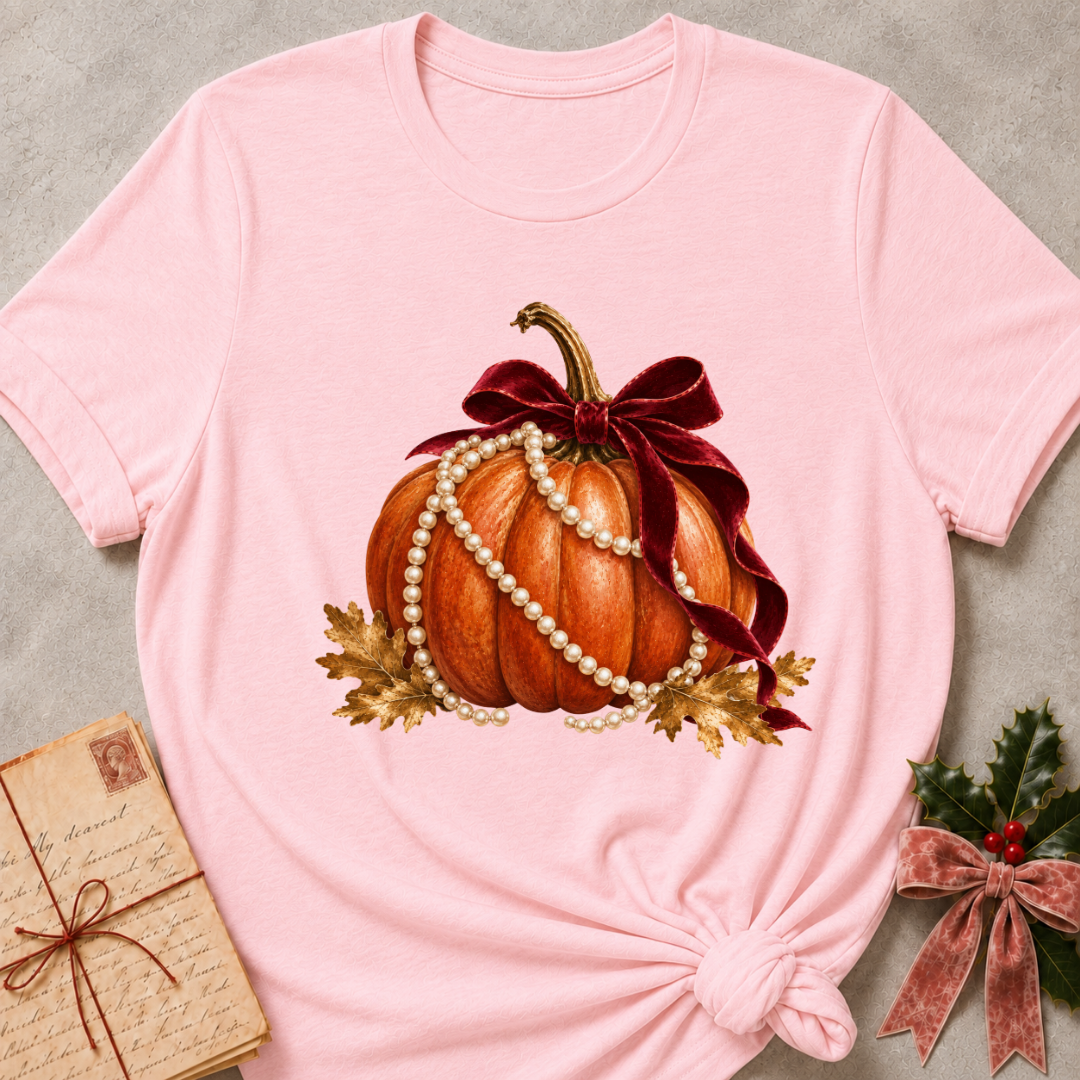 Pink women's relaxed tee with an orange pumpkin draped in pearls with a burgundy velvet bow and golden autumn leaves