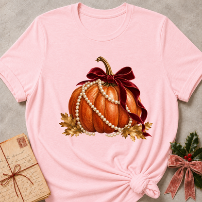 Pink women's relaxed tee with an orange pumpkin draped in pearls with a burgundy velvet bow and golden autumn leaves