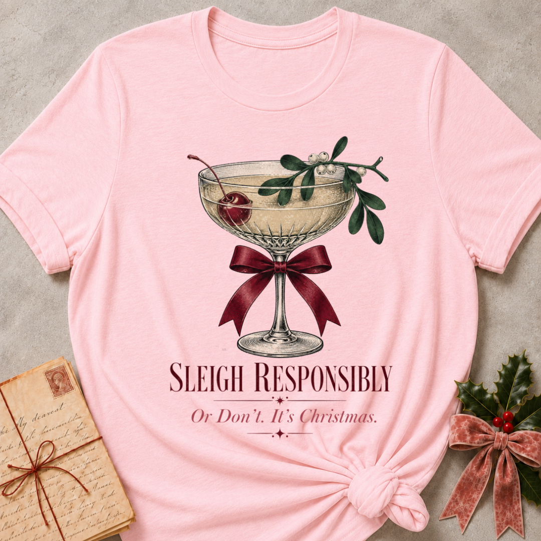 Pink relaxed fit tee with Sleigh Responsibly lettering, a vintage champagne coupe with a cherry, mistletoe and a burgundy bow
