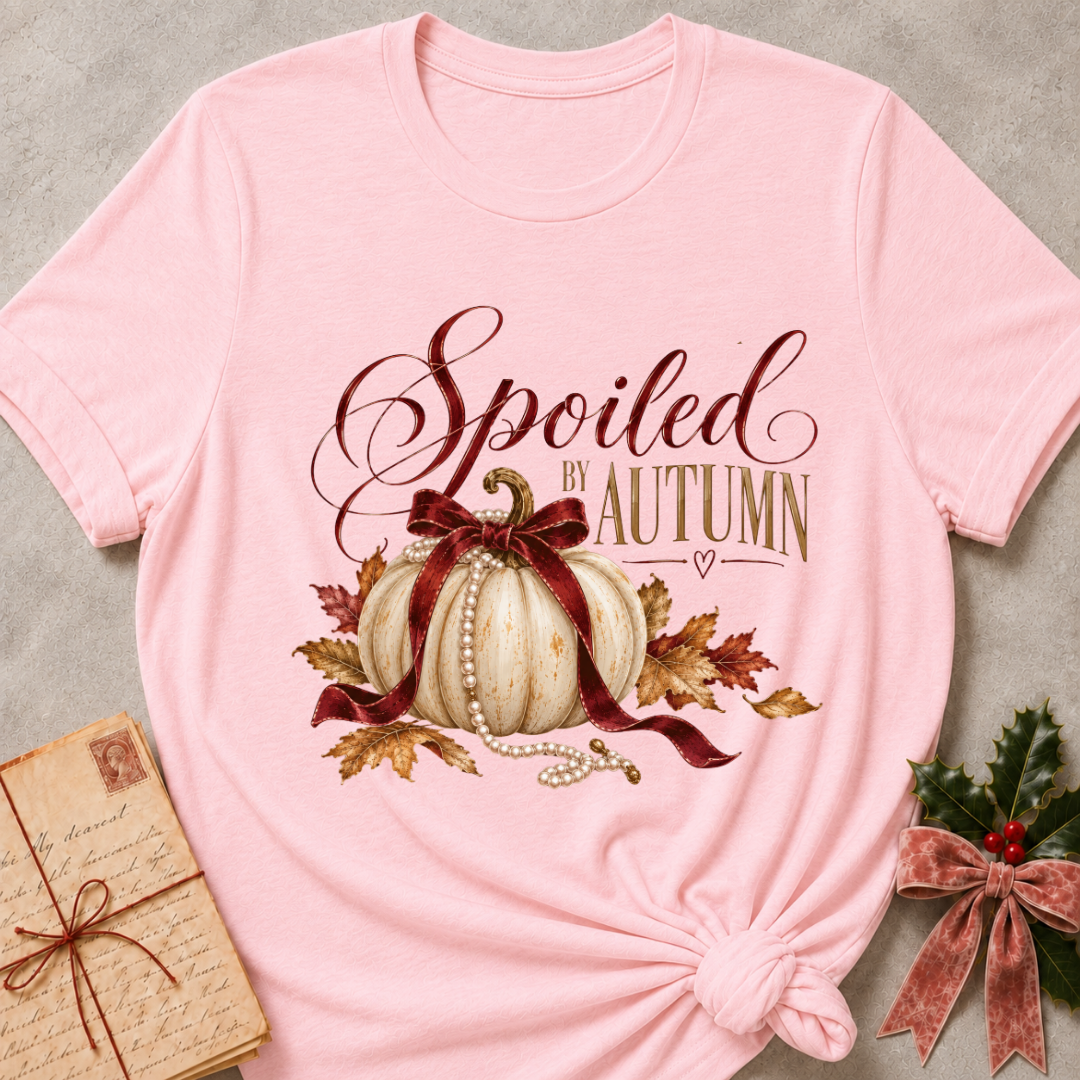 Pink women's relaxed tee with Spoiled by Autumn script over a cream pumpkin tied in a burgundy velvet bow, pearls, and fall leaves