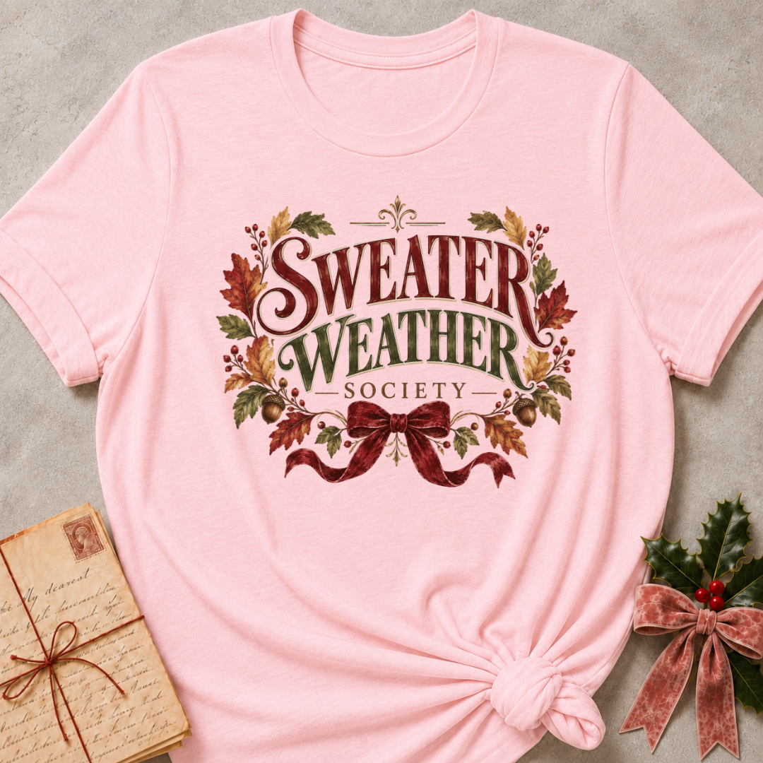 Pink relaxed fit tee with vintage Sweater Weather Society lettering, autumn leaves, acorns and a velvet bow