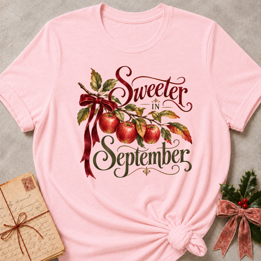 Pink relaxed fit tee with Sweeter in September script lettering, an apple branch with red apples, autumn leaves and a burgundy bow