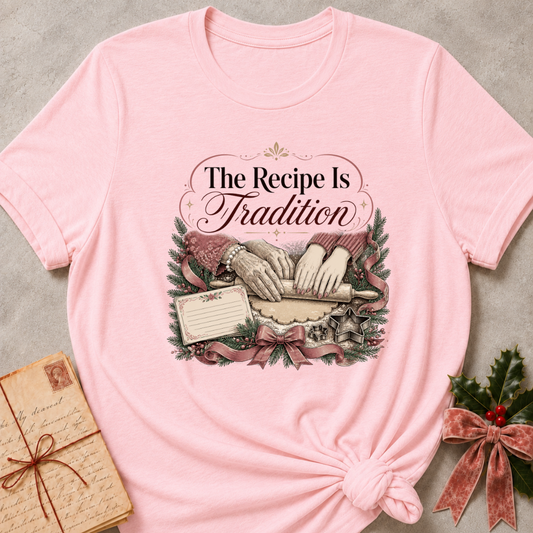 Soft pink relaxed fit tee with hands rolling dough and The Recipe Is Tradition lettering