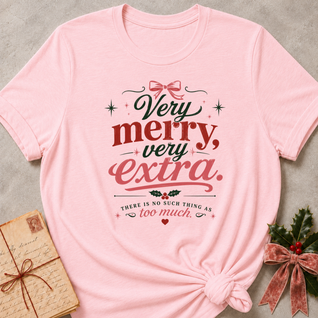 Pink relaxed fit tee with Very Merry, Very Extra retro lettering, a pink bow, holly and scattered stars