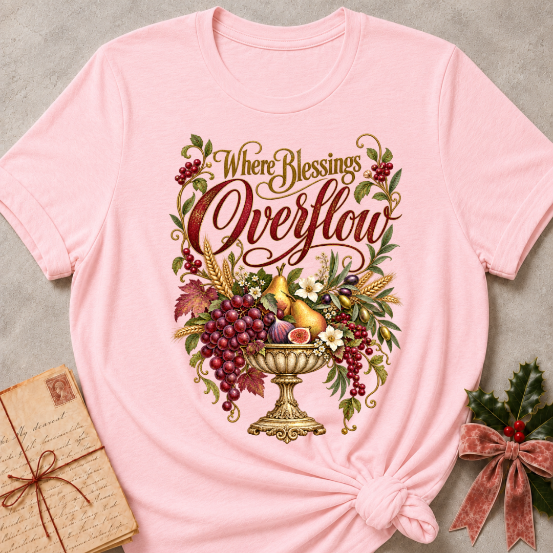 Pink relaxed fit tee with Where Blessings Overflow script and a golden urn of grapes, pears, figs and wheat