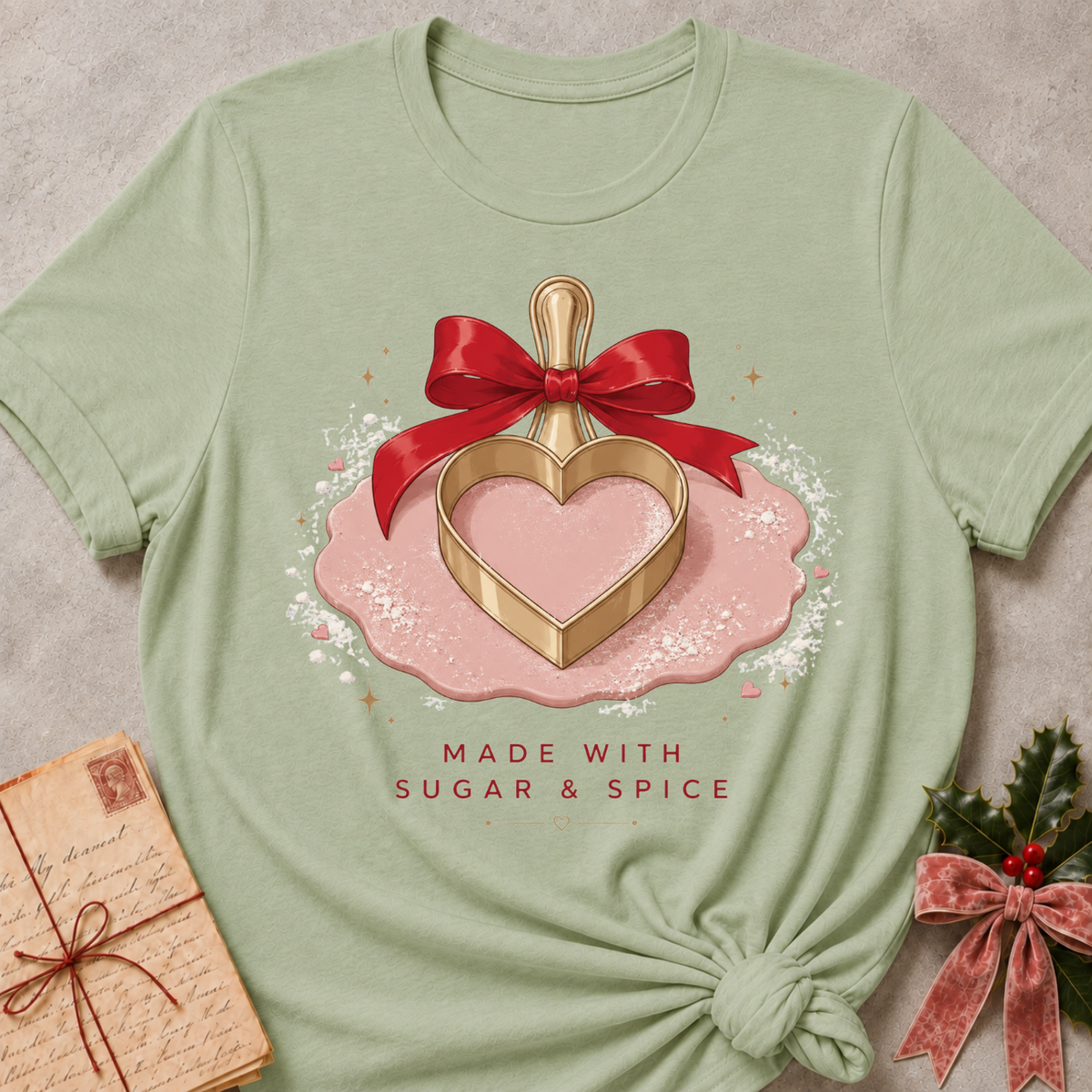 A sage green short-sleeve t-shirt with a festive graphic of a gold heart-shaped cookie cutter in a pink bowl tied with a red ribbon, with the text 'MADE WITH SUGAR & SPICE' below. The t-shirt is styled flat on a textured gray background with a vintage letter and holly accents.