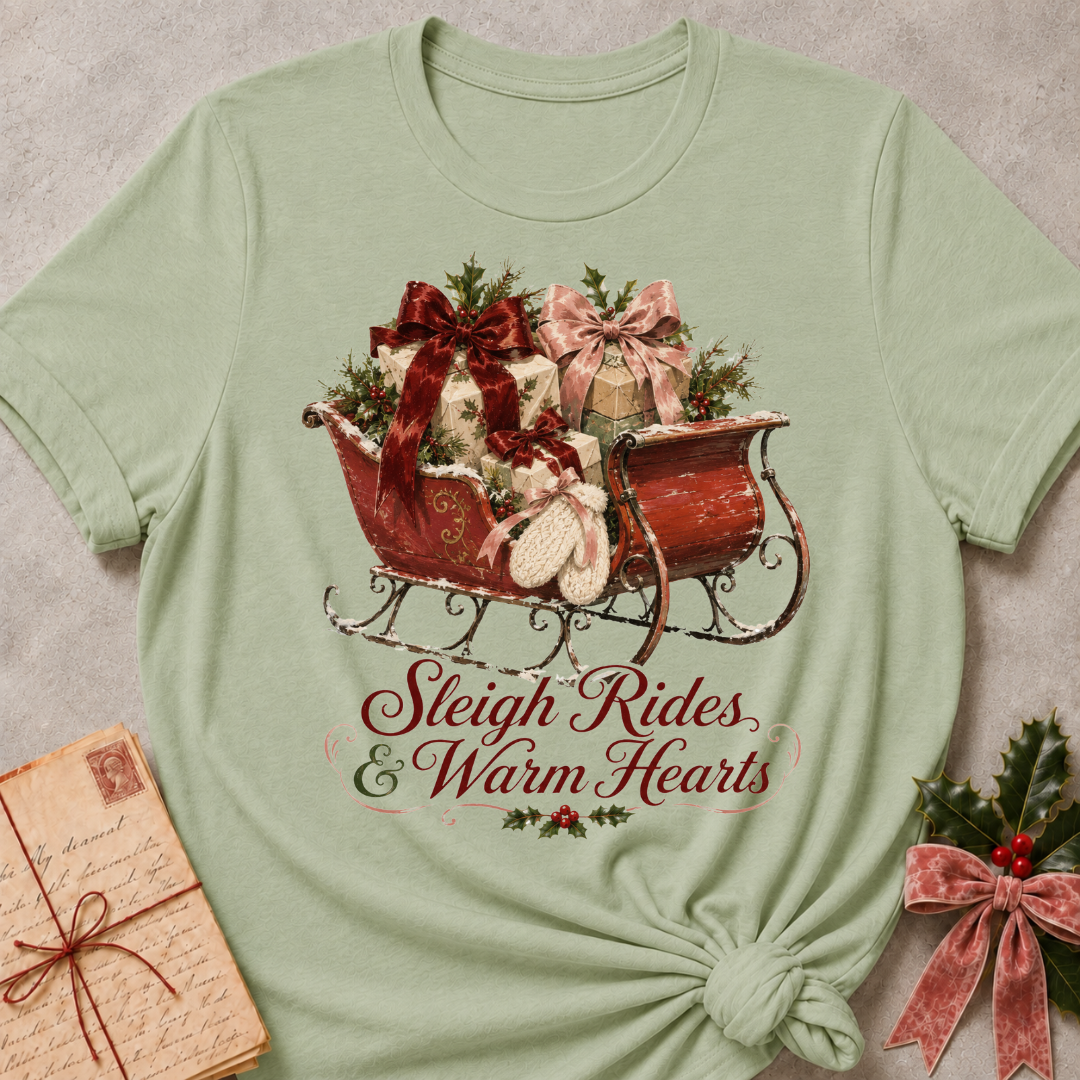 A sage green short-sleeve t-shirt with a Christmas-themed graphic of a red sleigh filled with gifts and holly, with the text 'Sleigh Rides & Warm Hearts' printed below. The t-shirt is styled flat on a textured gray background with a vintage letter and holiday greenery props.