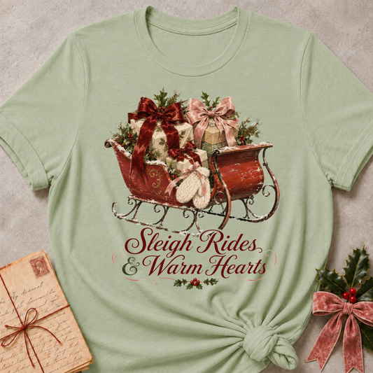 A sage green short-sleeve t-shirt with a Christmas-themed graphic of a red sleigh filled with gifts and holly, with the text 'Sleigh Rides & Warm Hearts' printed below. The t-shirt is styled flat on a textured gray background with a vintage letter and holiday greenery props.