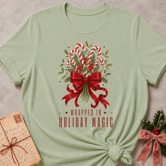 A sage green short-sleeve t-shirt with a festive Christmas graphic on the front, featuring candy canes, holly, a red bow, and the text 'WRAPPED IN HOLIDAY MAGIC'. The shirt is styled in a flat-lay with a vintage letter and a small holly sprig on a textured gray background.