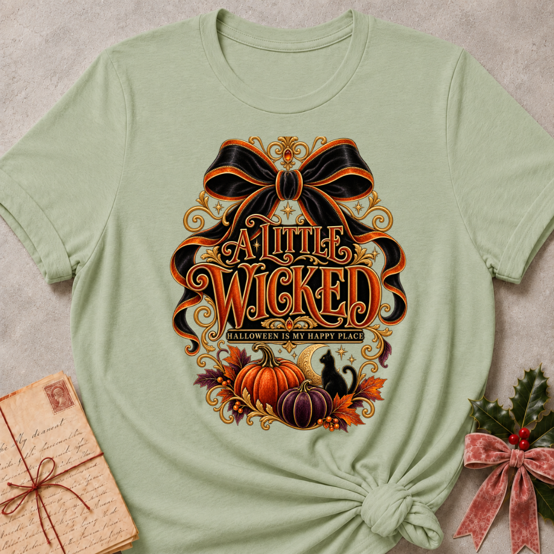 Sage A Little Wicked tee with an oversized black bow, harvest pumpkins and a black cat under a crescent moon