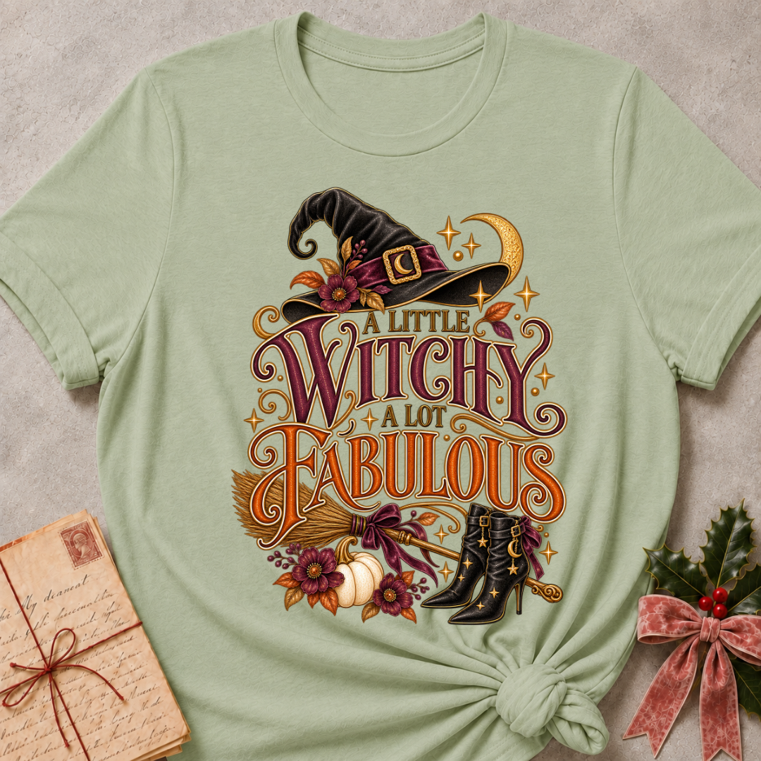 Sage A Little Witchy, A Lot Fabulous tee with a flower trimmed witch's hat, ribbon tied broom and starry boots