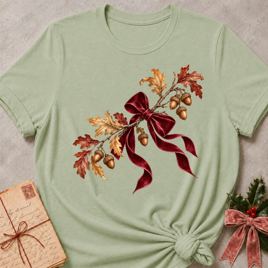 Sage relaxed fit tee with a cluster of acorns, oak leaves and a soft plaid bow