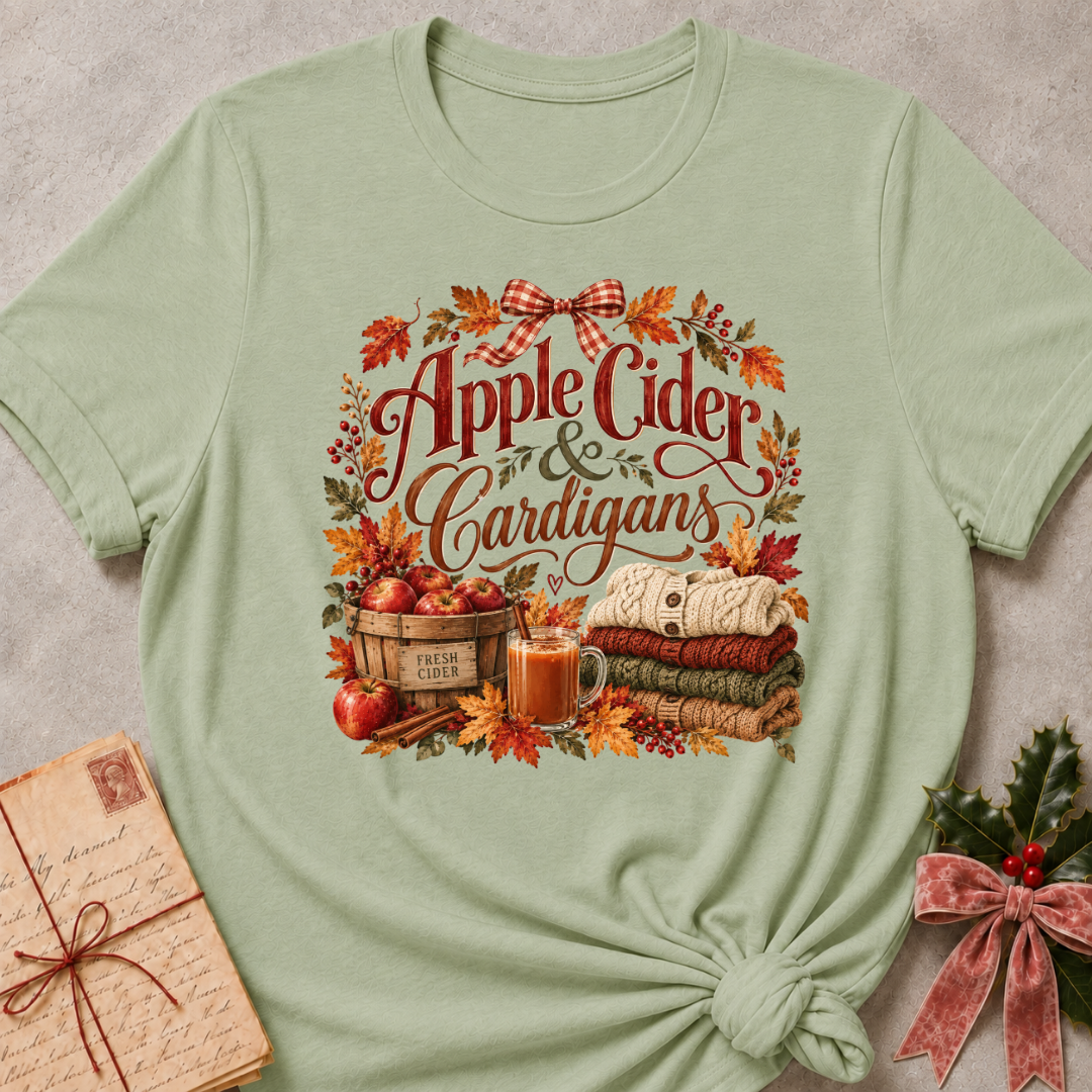 Sage relaxed fit tee with Apple Cider and Cardigans lettering, a cider mug, a basket of red apples, stacked sweaters and a gingham bow