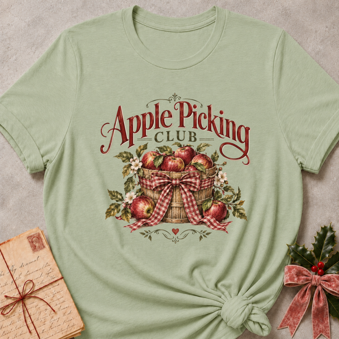Sage relaxed fit tee with an Apple Picking Club basket of red apples, blossoms and a gingham bow