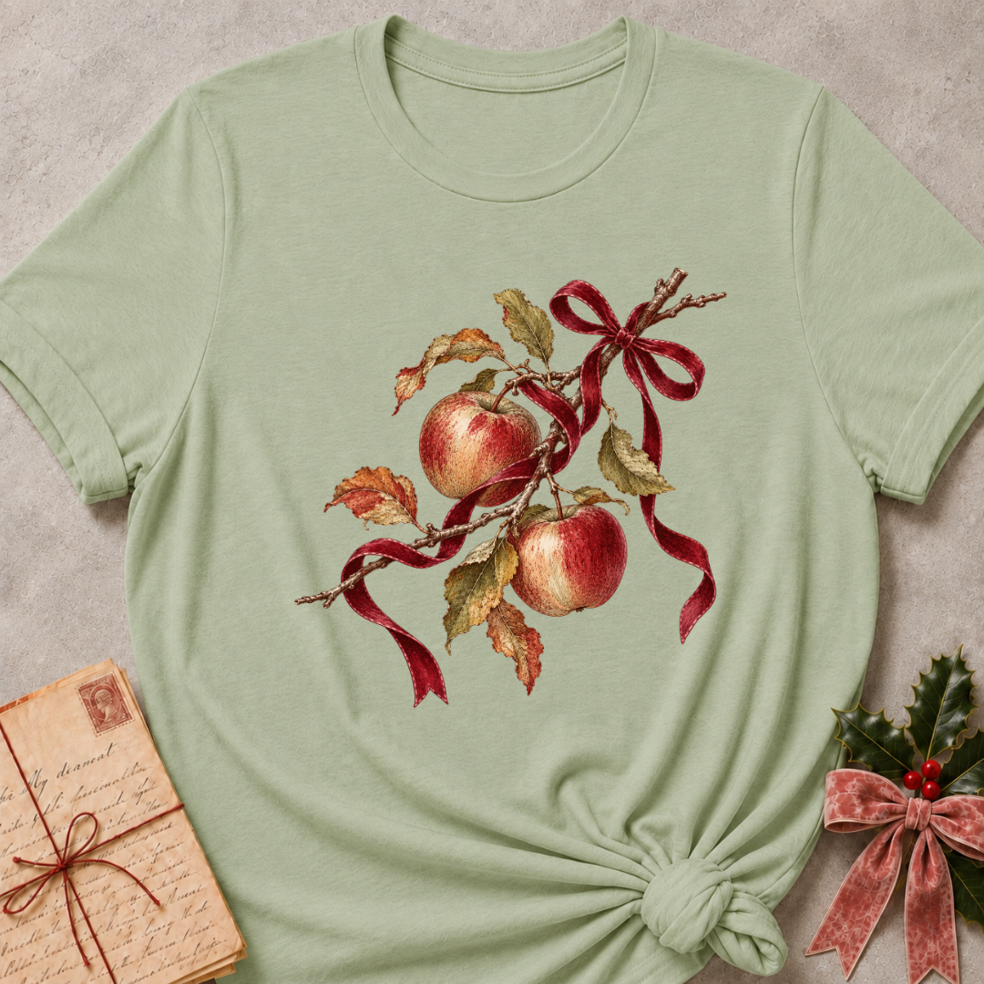Sage relaxed fit tee with red apples, autumn leaves and a gingham bow