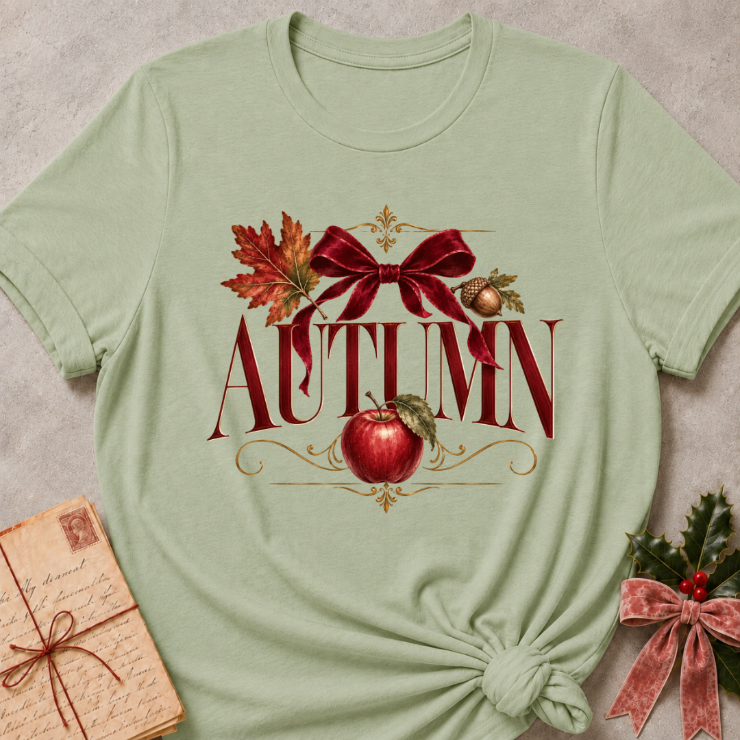 Sage women's relaxed tee with a vintage AUTUMN serif design with a burgundy velvet bow, maple leaf, acorn, and red apple