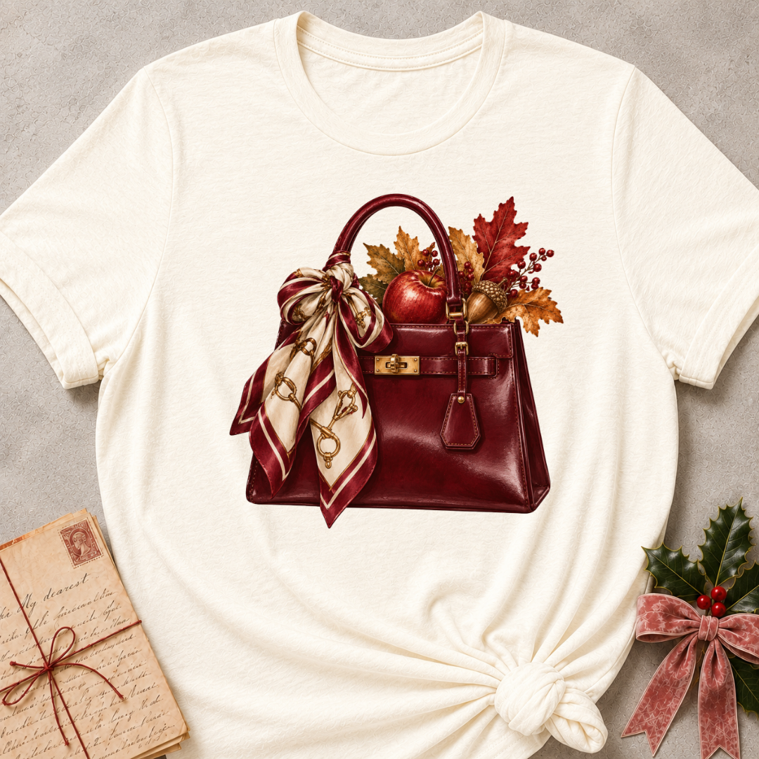 Sage relaxed fit tee with a burgundy handbag, silk scarf and autumn leaves