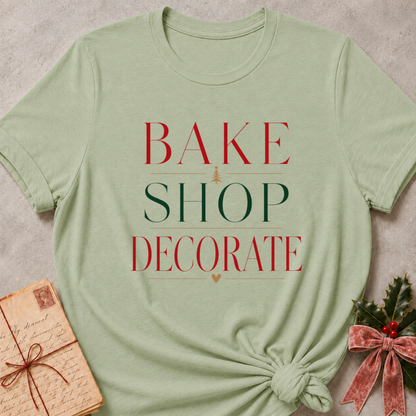 Sage women's relaxed fit tee with Bake Shop Decorate design in red and green lettering