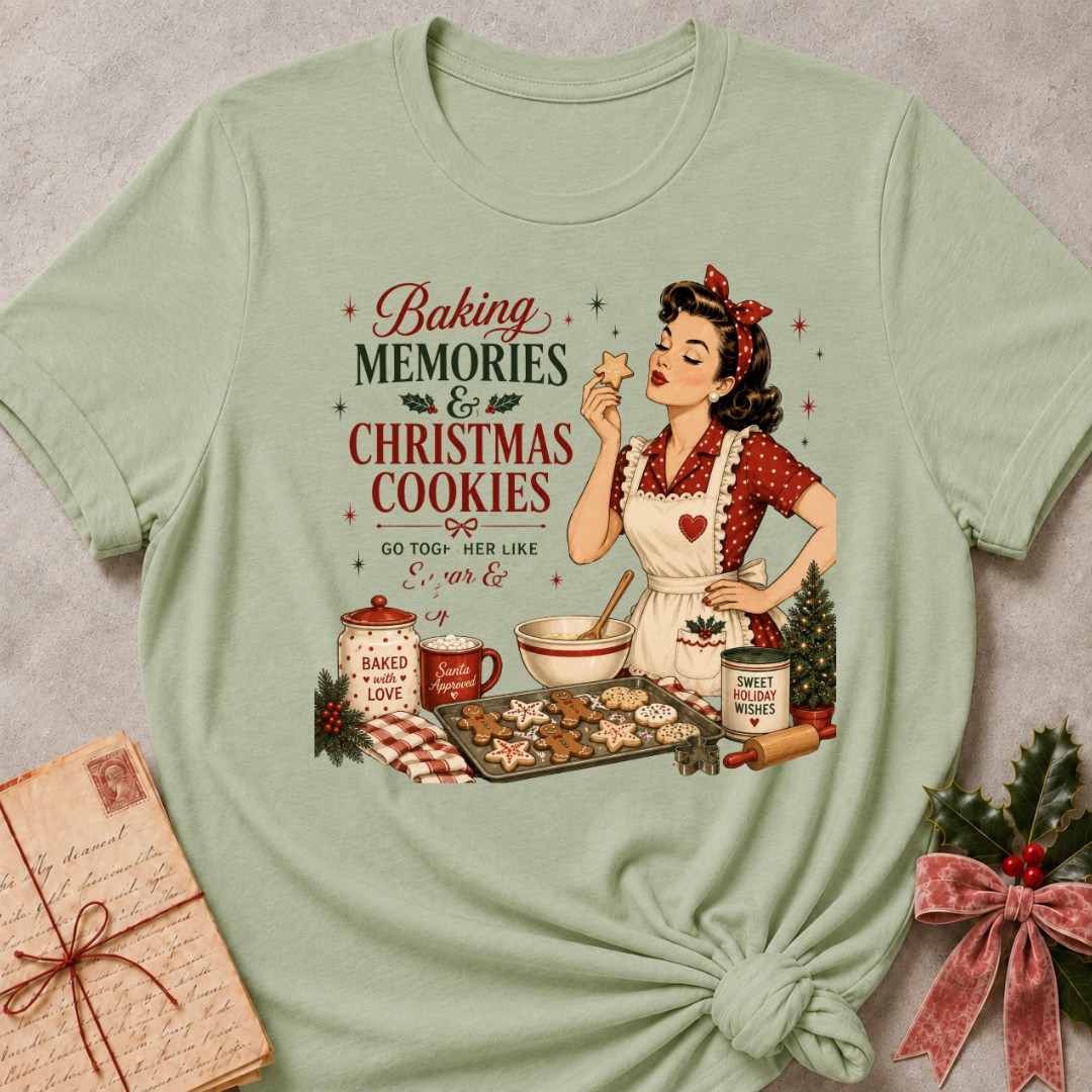 Sage green relaxed fit tee with a retro baker and a tray of Christmas cookies
