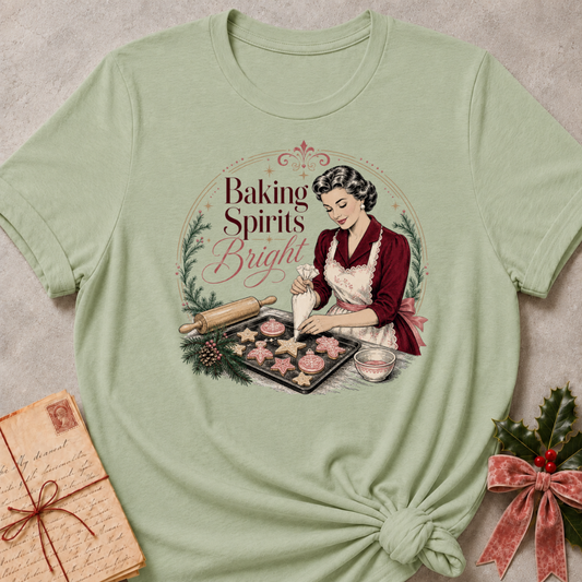 Sage green relaxed fit tee with a vintage baker piping Christmas cookies