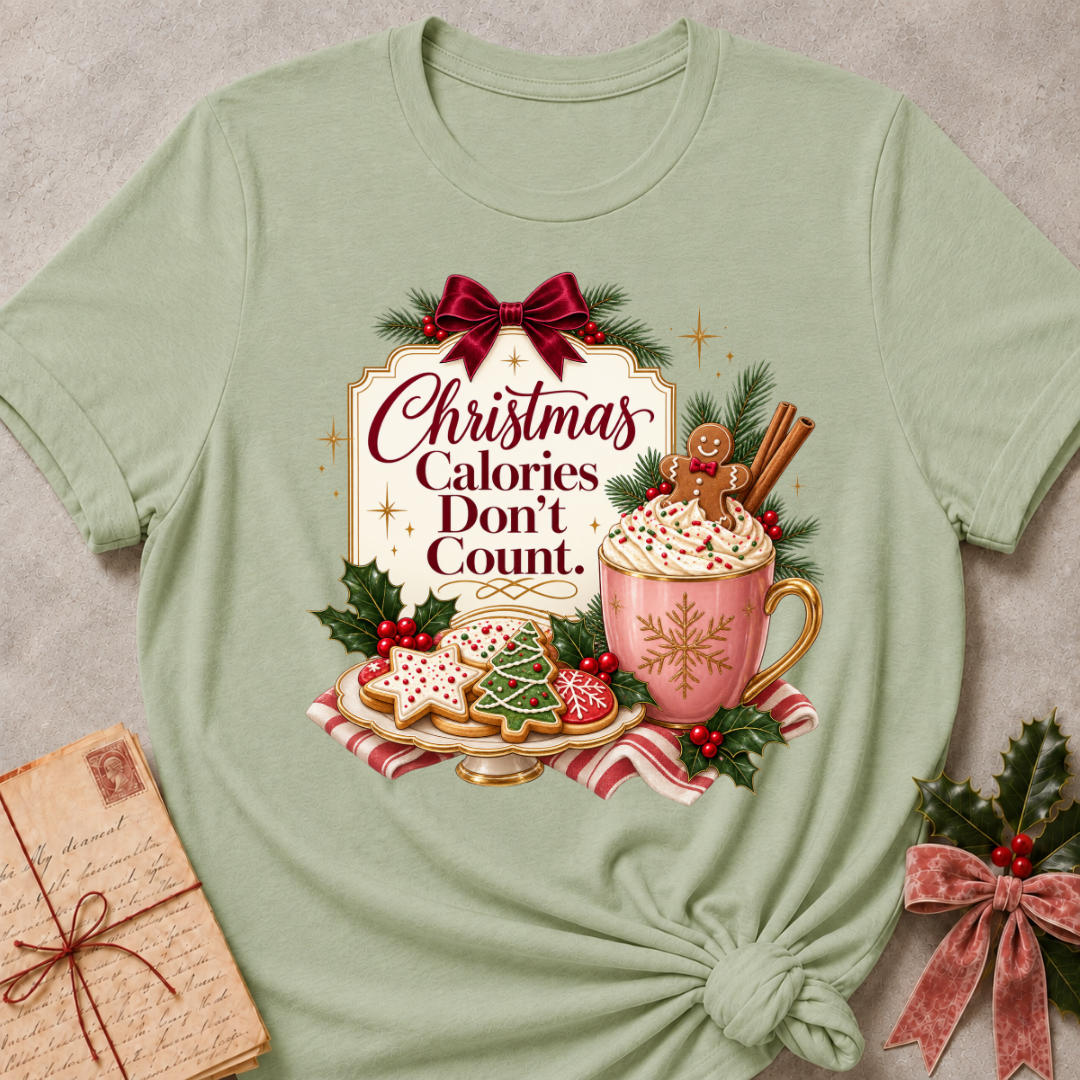 Sage relaxed fit tee with Christmas Calories Don't Count lettering, frosted cookies, a cocoa mug with a gingerbread man and a burgundy bow