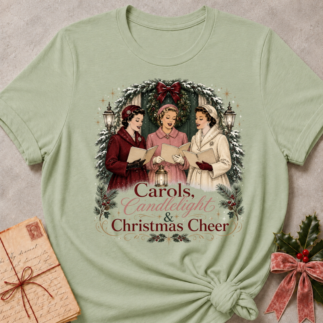 Sage green relaxed fit tee with three vintage carolers by lantern light