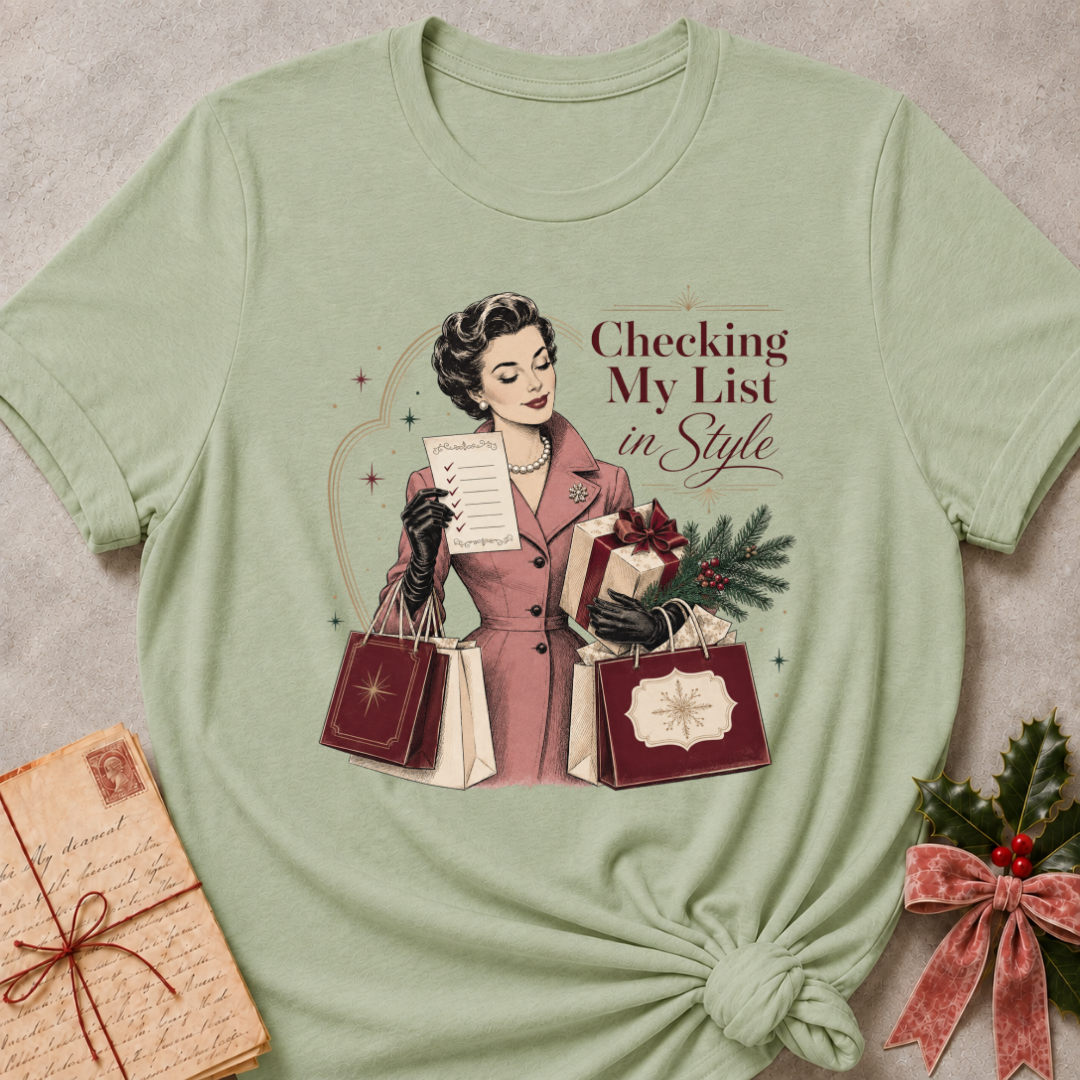 Sage relaxed fit tee with Checking My List in Style lettering, a vintage woman in a rose coat holding her list and burgundy shopping bags