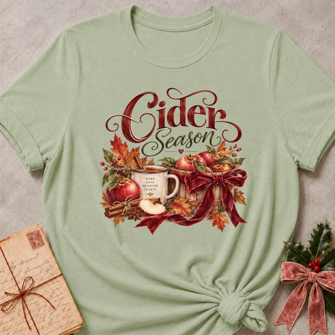 Sage women's relaxed tee with a Cider Season script design with a cider mug, red apples, cinnamon sticks, and a burgundy ribbon bow