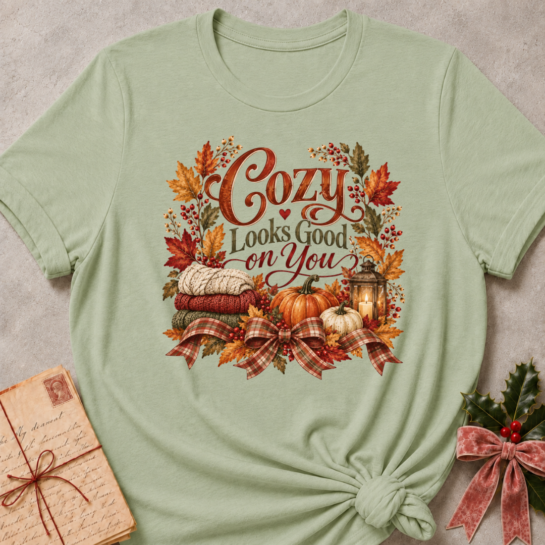 Sage relaxed fit tee with Cozy Looks Good on You lettering, stacked knit sweaters, pumpkins, a glowing lantern and a plaid bow
