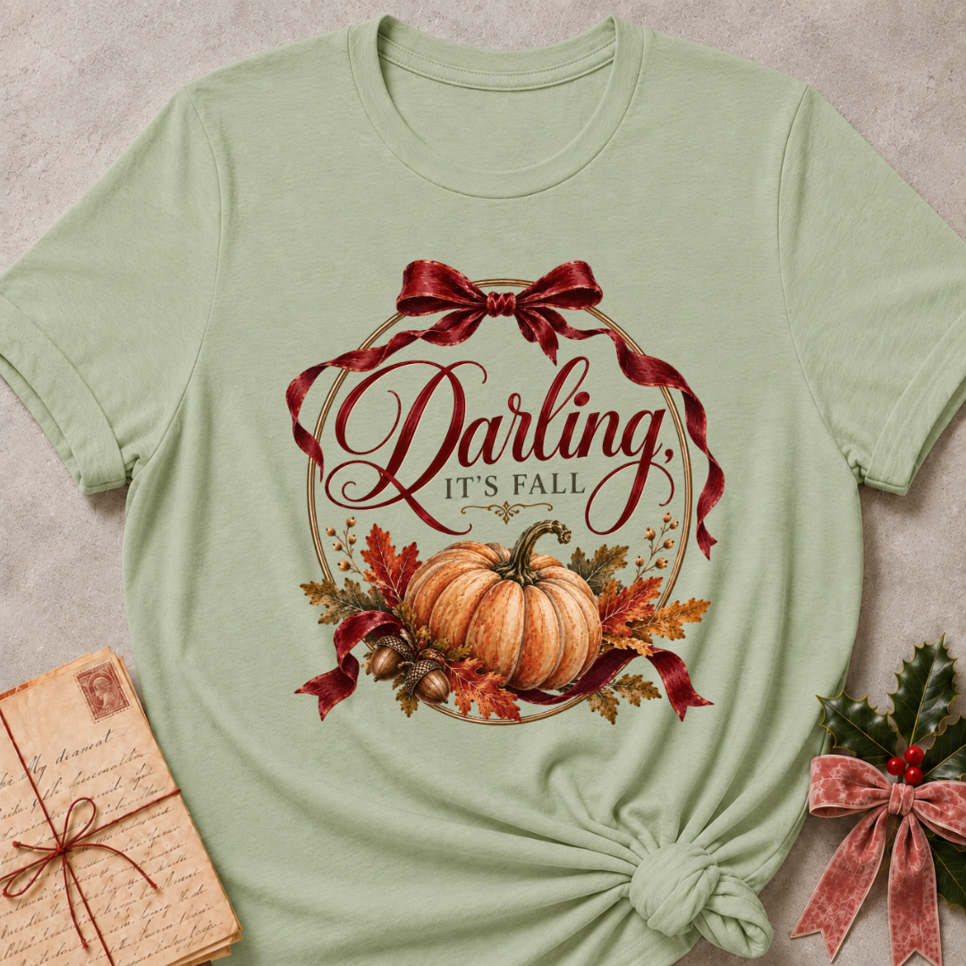 Sage women's relaxed tee with a vintage Darling It's Fall script design framed by a gold wreath, a burgundy ribbon bow, and a harvest pumpkin