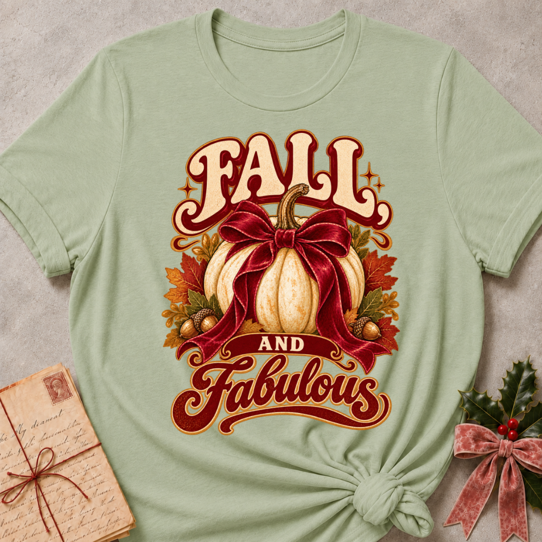 Sage relaxed fit tee with a white pumpkin, burgundy bow, golden acorns and Fall and Fabulous lettering
