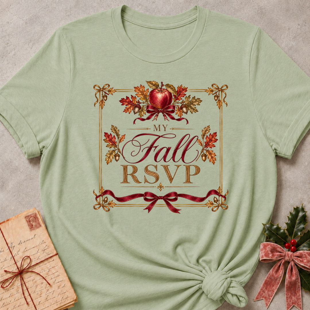 Sage relaxed fit tee with a vintage My Fall RSVP crest, red apple, oak leaves and a burgundy bow