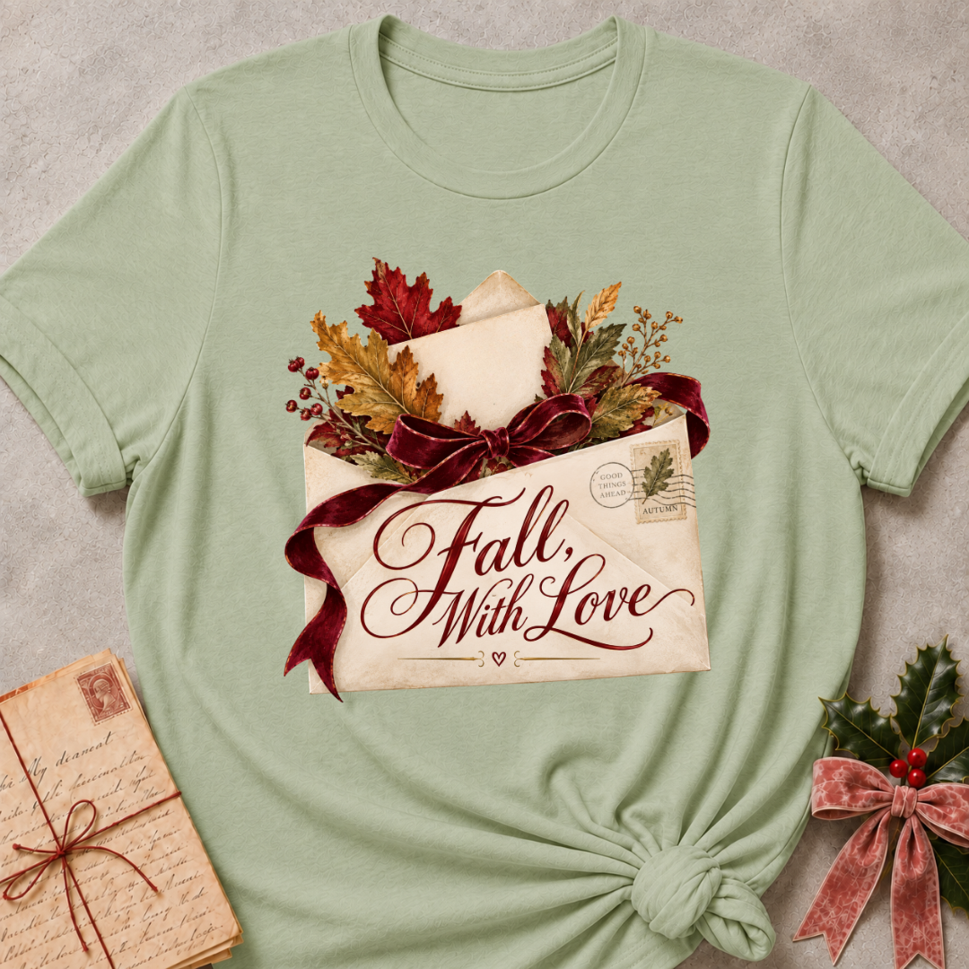 Sage women's relaxed tee with a Fall, With Love script design on a vintage envelope with autumn leaves and a burgundy ribbon bow